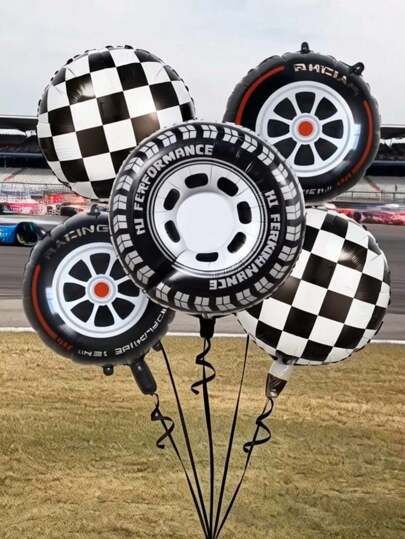 5pcs/Set Tyre Wheel Shaped Black White Checker Foil Balloons For Racing Theme Birthday Party Decoration