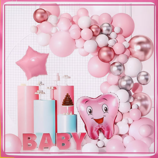 85pcs Pink First Tooth Balloons Theme Set For First Tooth Party Decoration and Celebration