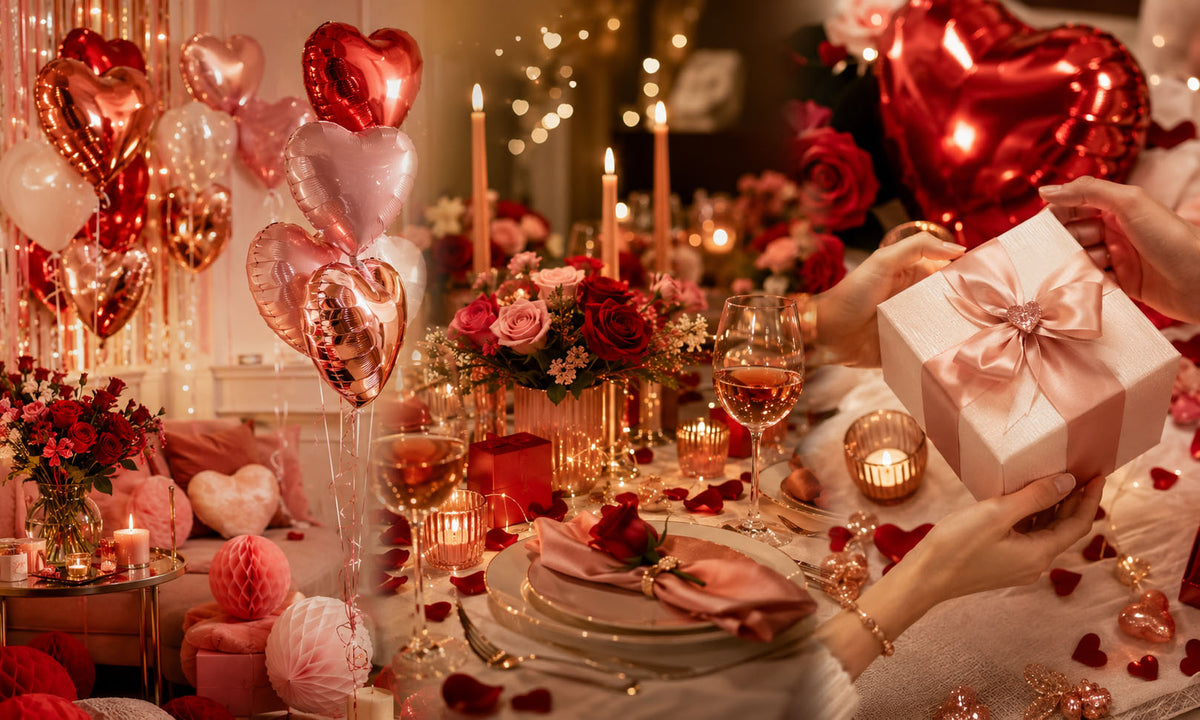 A romantic Valentine's Day table setting with red and pink heart balloons, lit candles, rose arrangements, and a person holding a wrapped gift box with a pink ribbon.