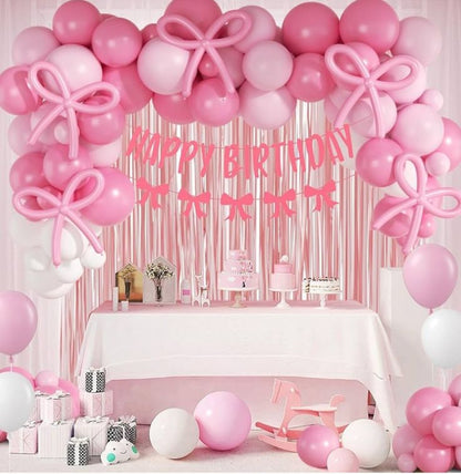 100pcs Pink Bow Long Balloons with Baby Pink, Pink & White Balloons Garland Theme Set For Bow Themed Party Decoration & Celebration