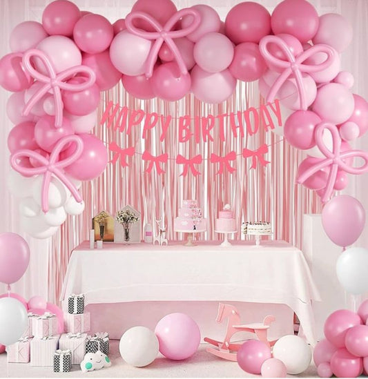 100pcs Pink Bow Long Balloons with Baby Pink, Pink & White Balloons Garland Theme Set For Bow Themed Party Decoration & Celebration